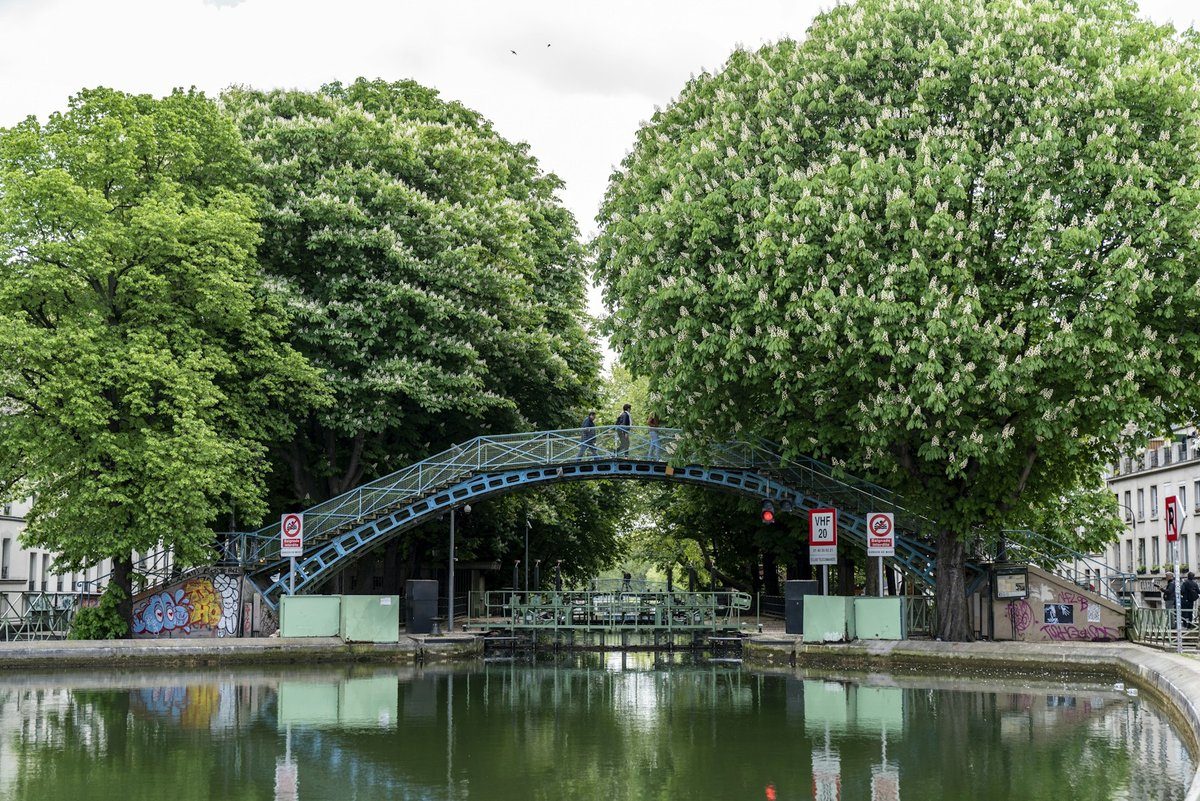 Passerelle métallique au-dessus d'un canal parisien, encadrée d'arbres verts